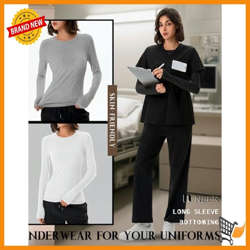 3 Pack Long Sleeve Underscrub Shirts Slim Fit Cotton Blend Nurse Tops - Picture 5 of 8